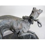 A reproduction bronze after Pierre Joulemen cast as a greyhound, a riding crop in it's mouth, 30cm