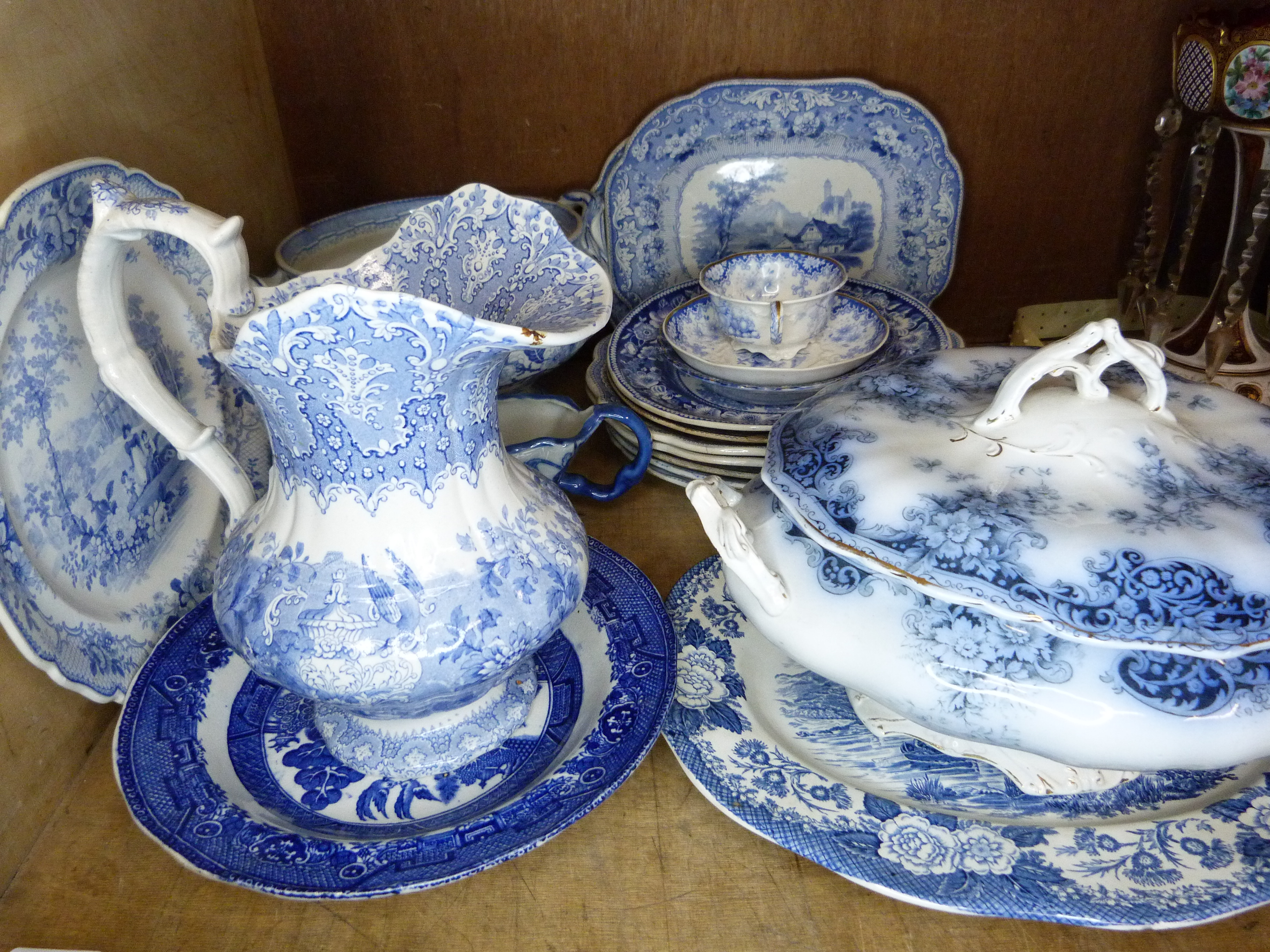 Victorian and later blue and white ware including jug, tureen, plates etc