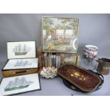Two trays, metal 'Jardin' jug, artist's box (no content), framed tapestry, small quantity of