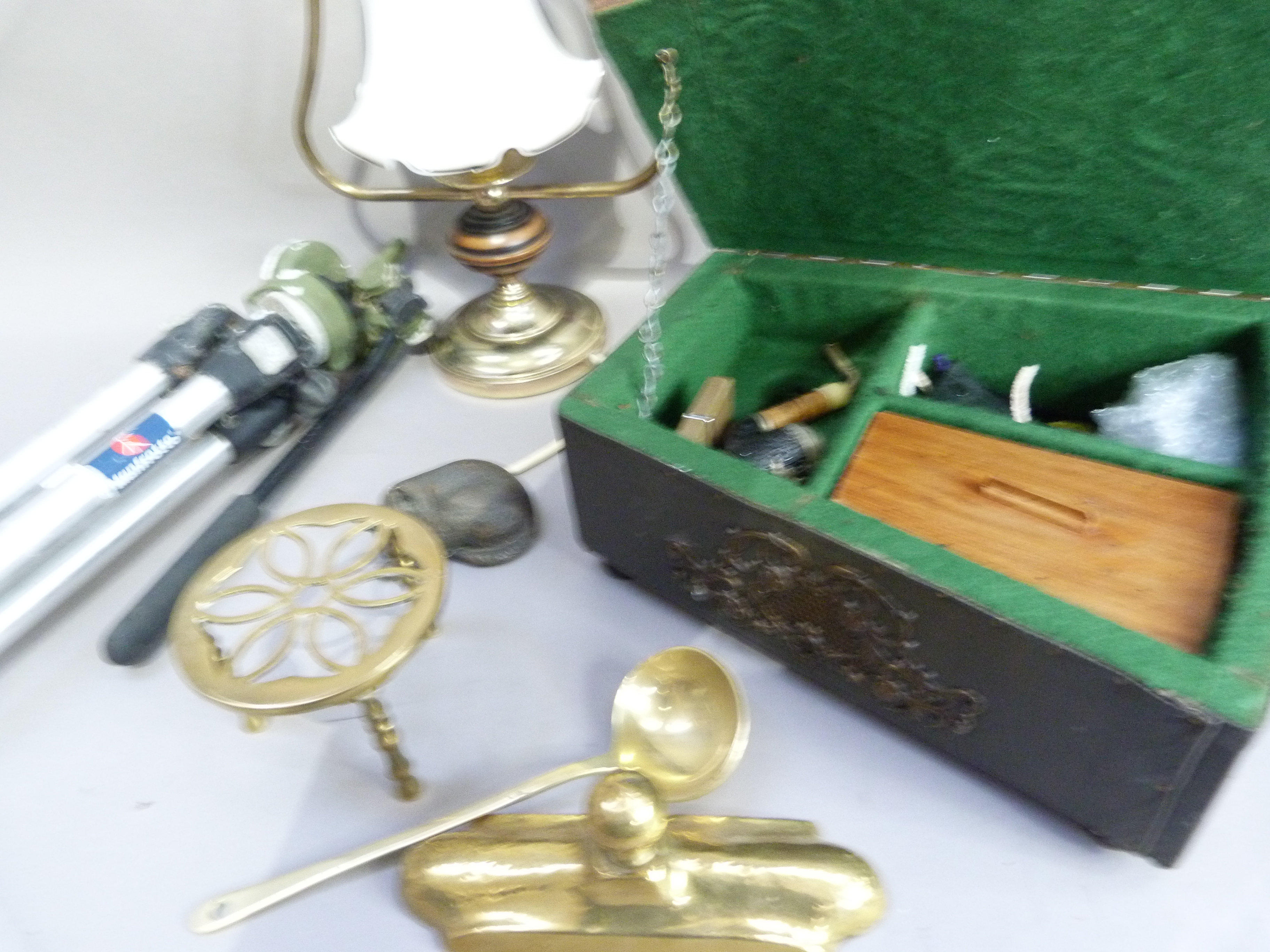 A canon mounted box, brass trivet, ladle, model of a cat, tripod and a lamp - Image 3 of 3