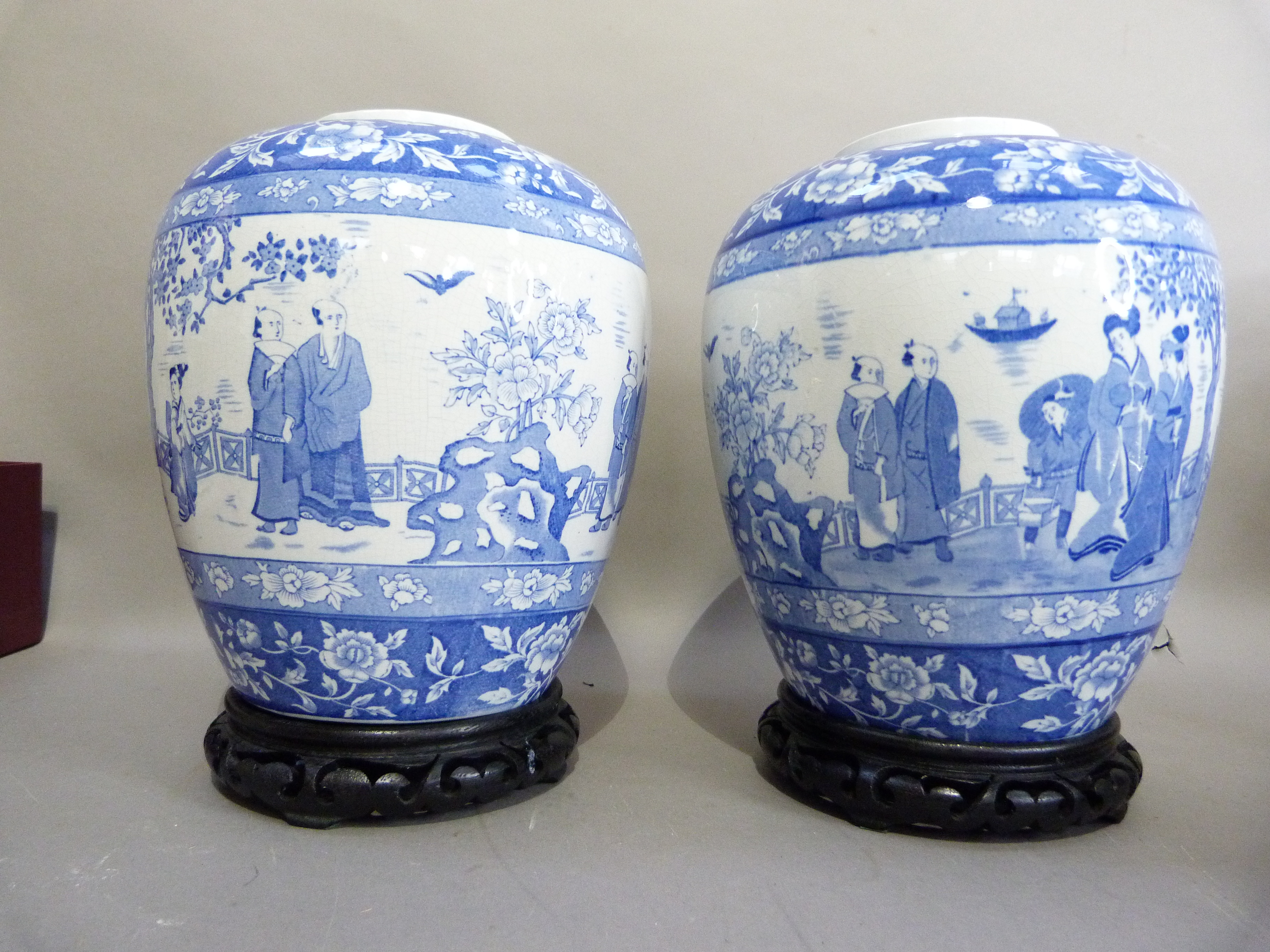 A pair of EPC, Stoke-on-Trent pottery ginger jars, decorated in underglaze blue with chinoiserie - Image 3 of 4