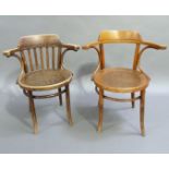 A Thonet bent wood elbow chair with circular pressed seat, railed back, arms on bent wood s-shaped
