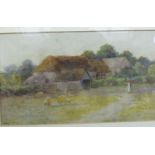 G Oyston, farmstead with sheep and figures, watercolour, signed to lower left, 21.5cm x 38cm