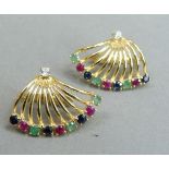 A pair of earrings of fan shape set with circular facetted ruby, sapphire, emerald and cubic