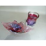 An art glass vase of shaded pink to amethyst colour with clear frilled rim and base, 19cm high;