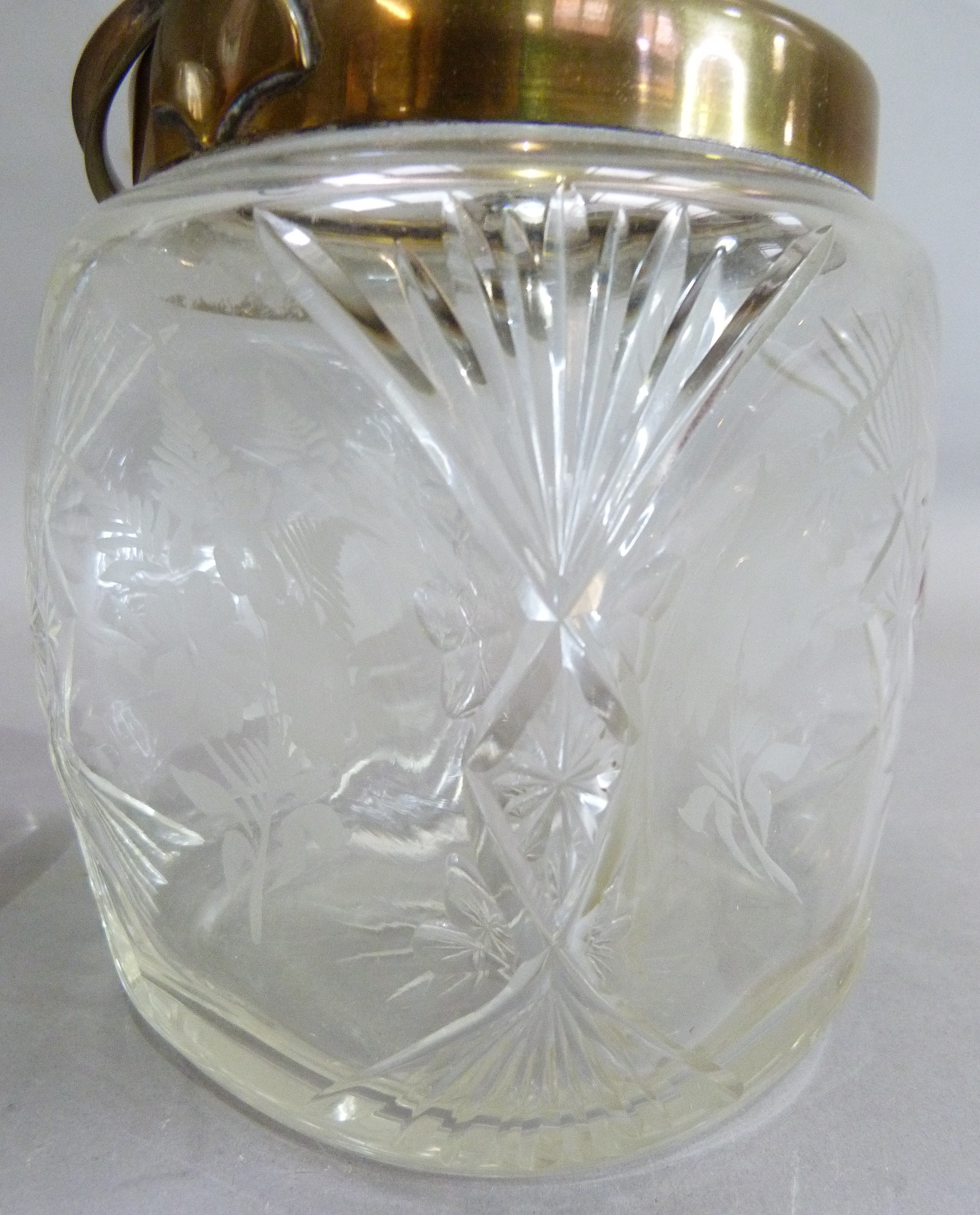 Two Edwardian glass biscuit barrels, the first of square dimpled form, cut and etched with - Image 5 of 6