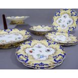 A 19th century English part dessert service painted with sprays of flowers within a pale yellow,