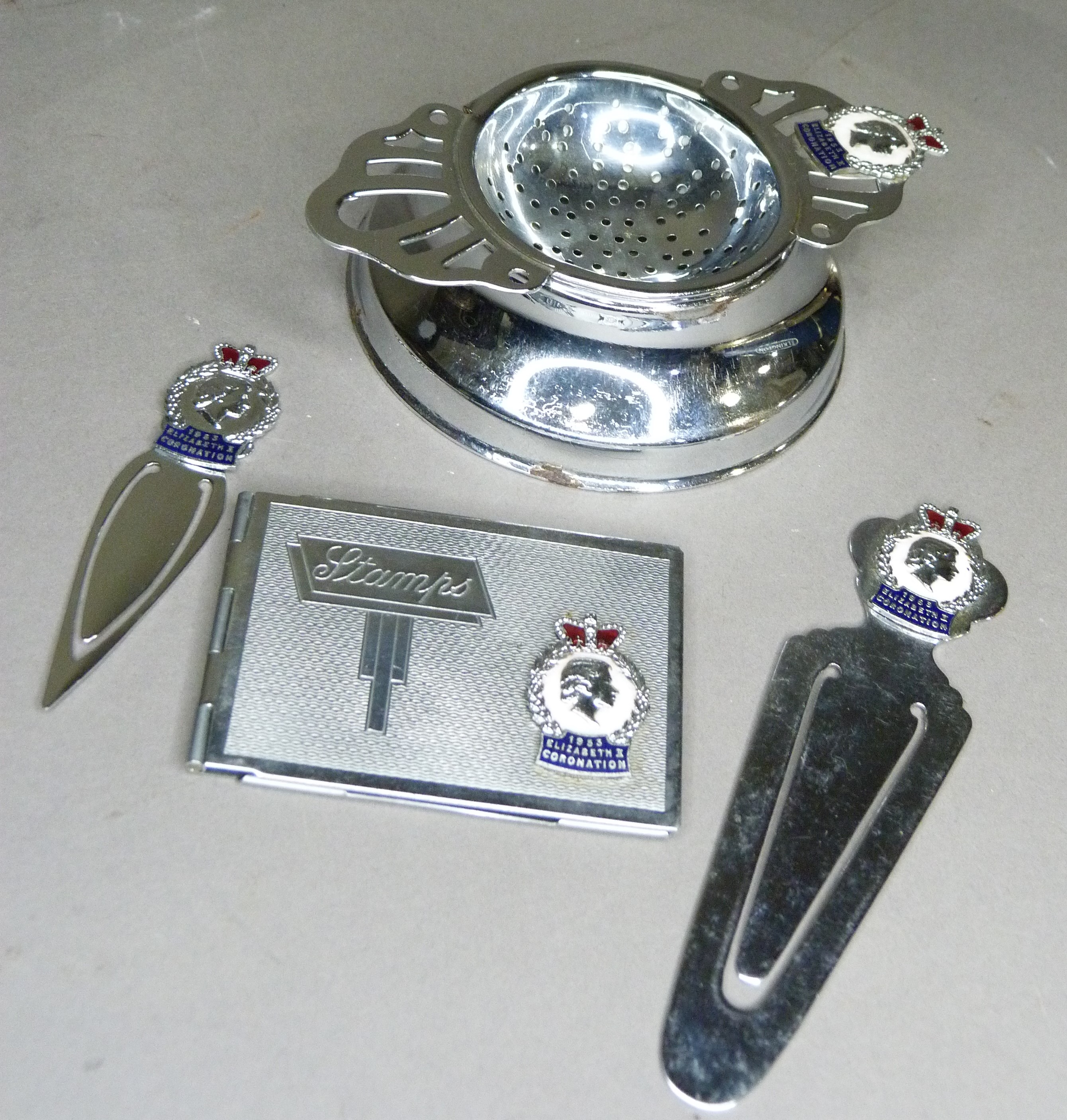 A group of Elizabeth II commemorative ware in chrome with red, white and blue enamelled crowned