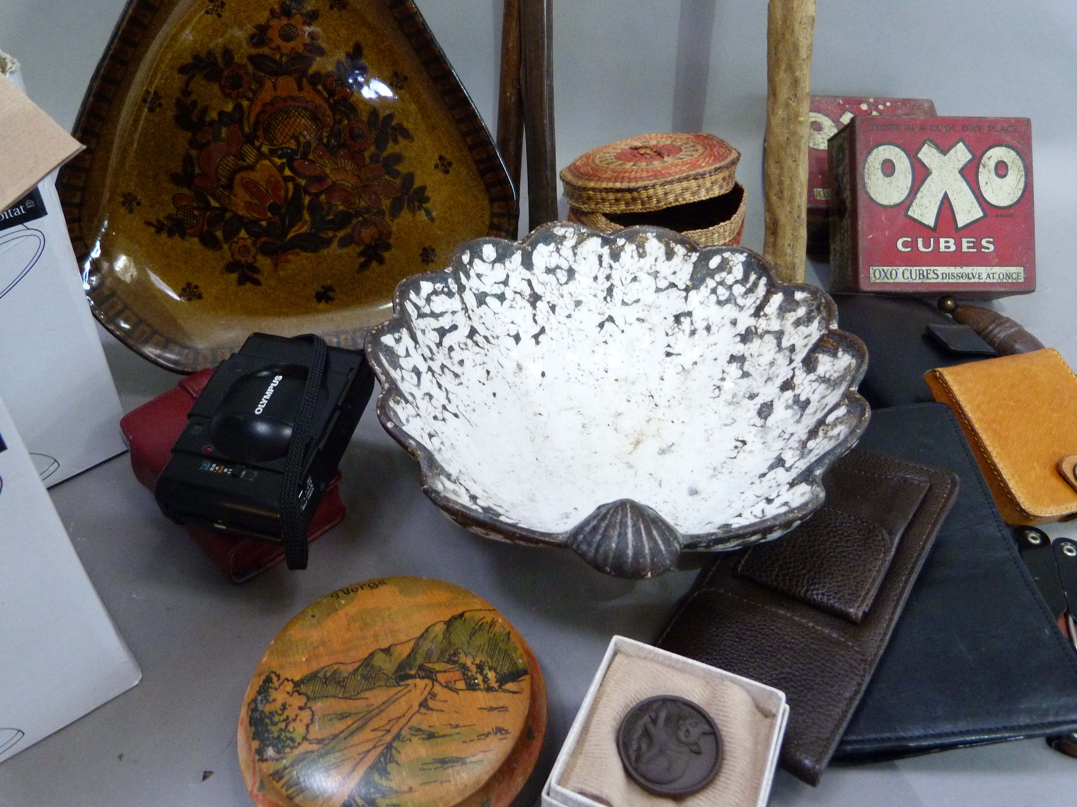 Two vintage Oxo cube boxes, baskets, wallets, two cameras, walking sticks, travelling coathanger, - Image 2 of 2