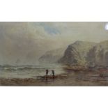 Harry Williams, Watergate Bay, North Cornwall, figures shrimping at low tide, watercolour, signed