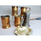 Four plated on copper pint tankards, plate now worn and a copper coffee pot with side handle