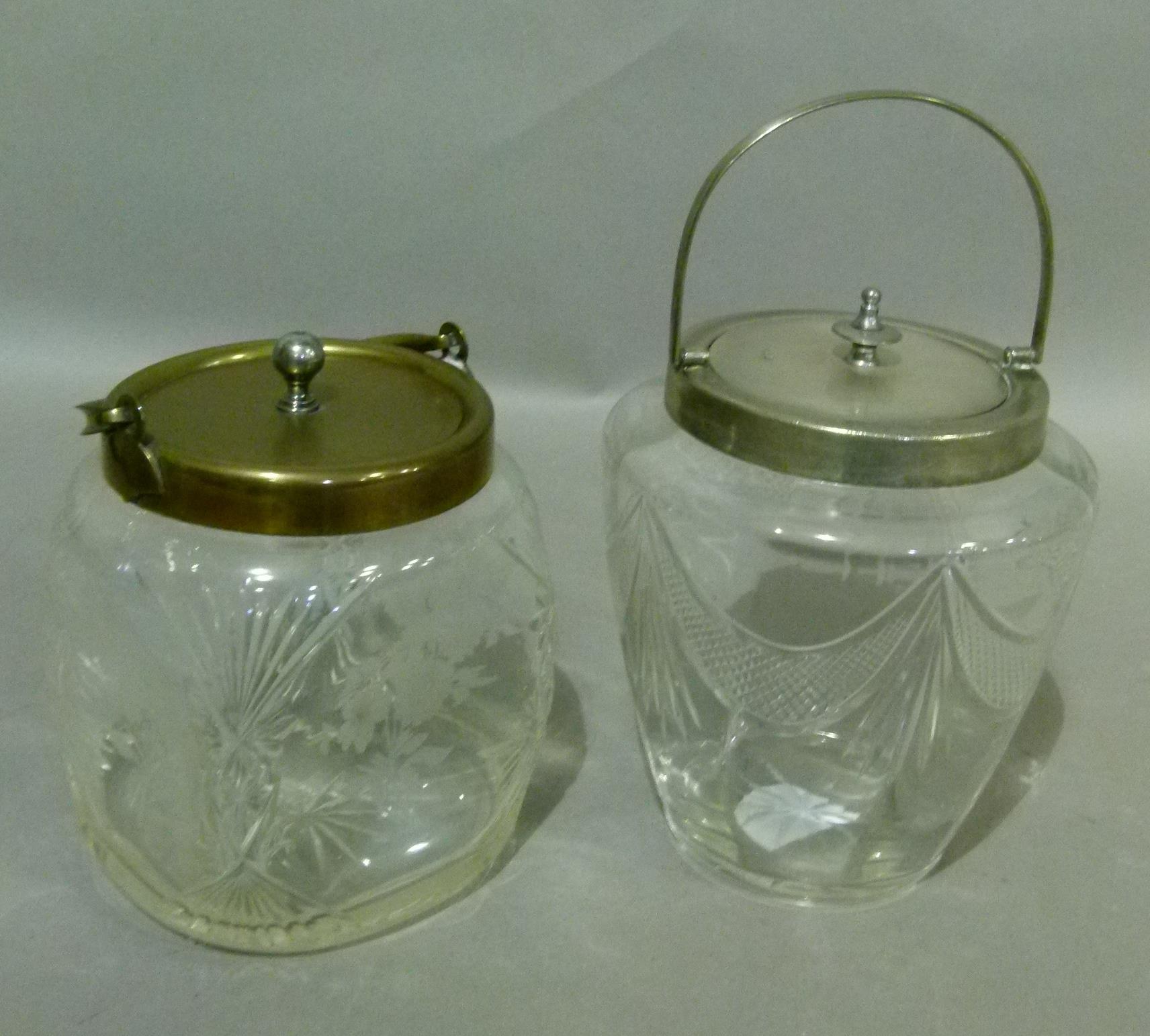 Two Edwardian glass biscuit barrels, the first of square dimpled form, cut and etched with - Image 3 of 6