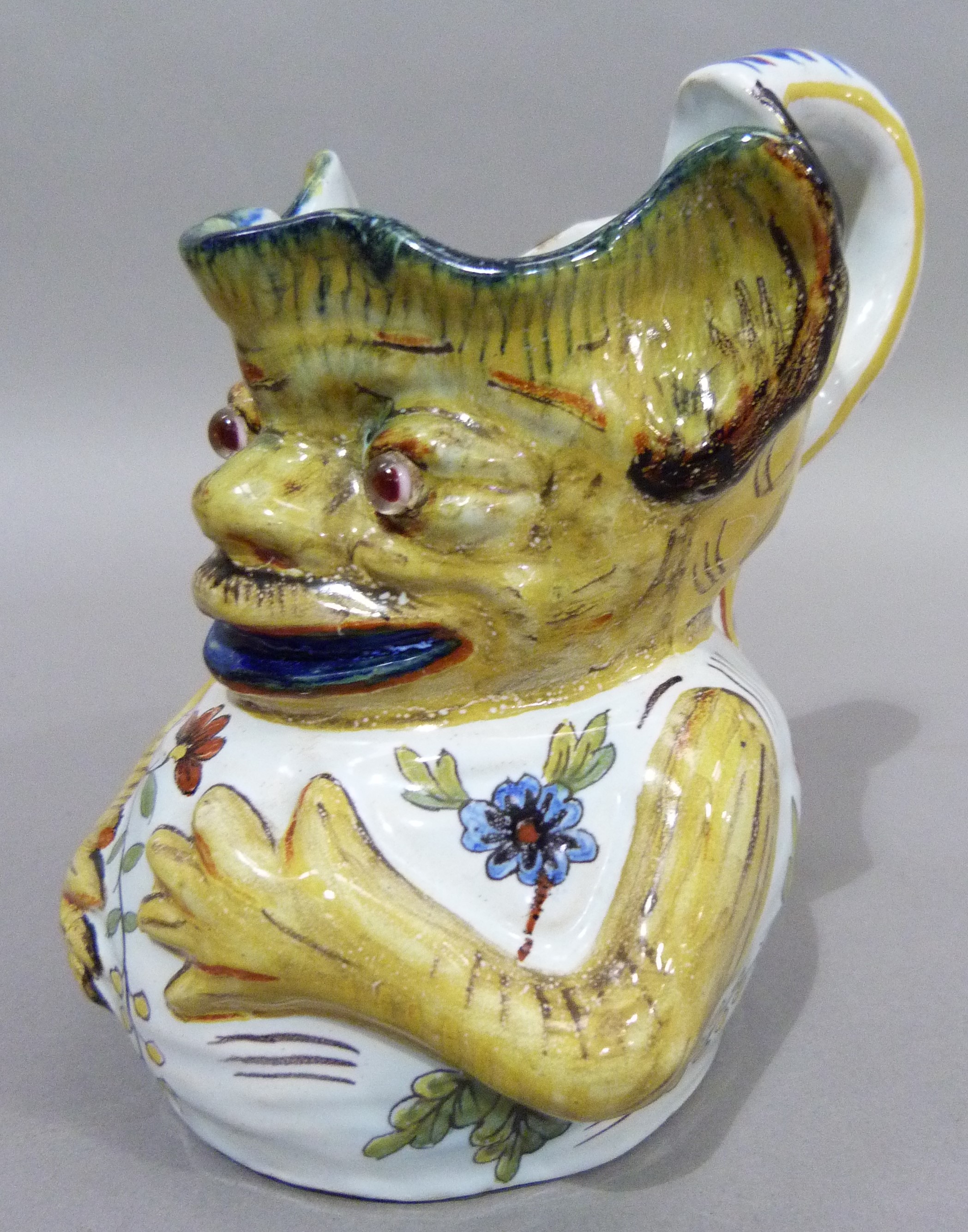 A Rouen faience grotesque face mask jug, marked to underside, 15cm - Image 2 of 5