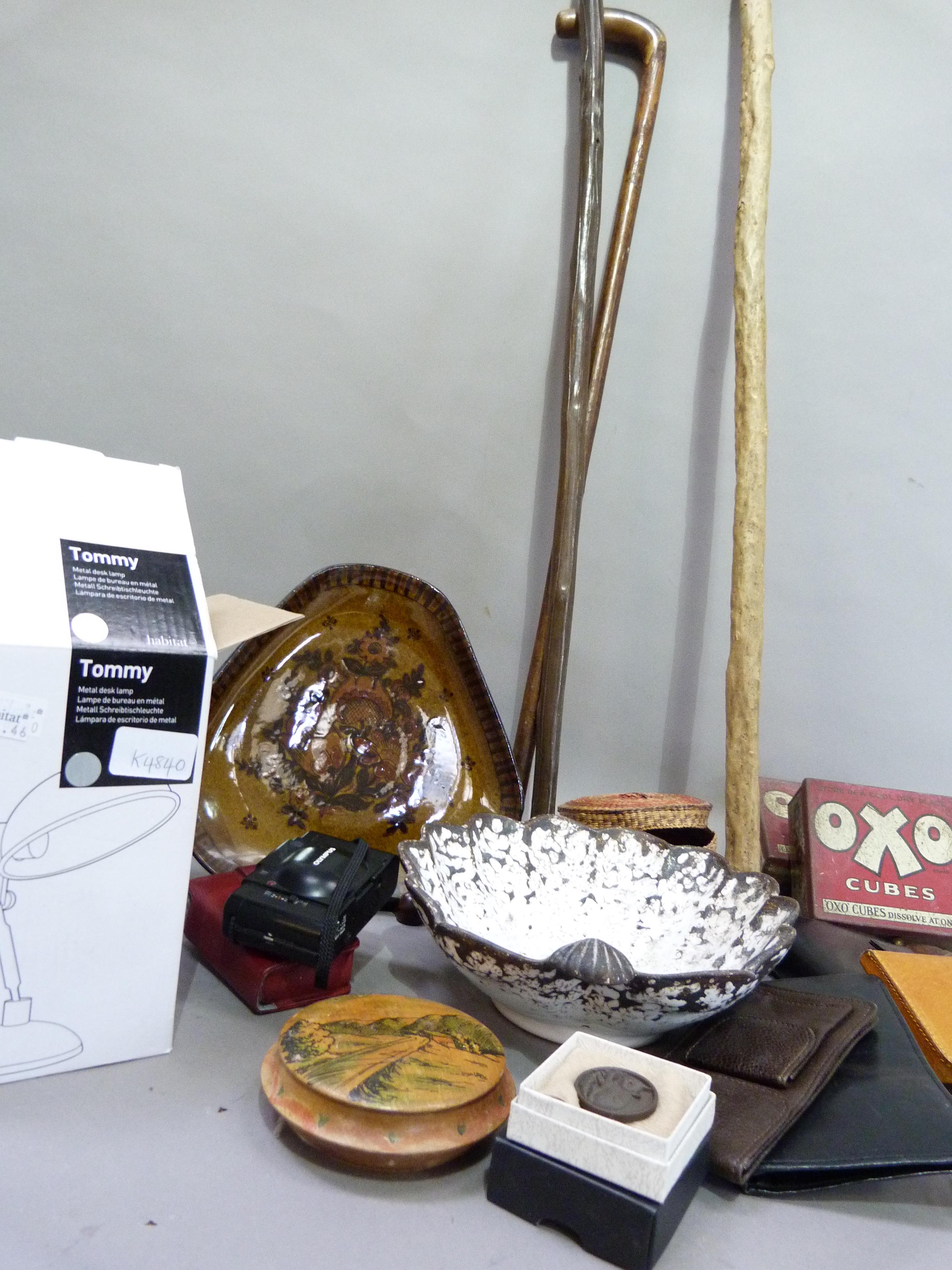 Two vintage Oxo cube boxes, baskets, wallets, two cameras, walking sticks, travelling coathanger,