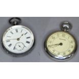 A Victorian silver open face pocket watch, enamel dial with black roman numerals and seconds dial,
