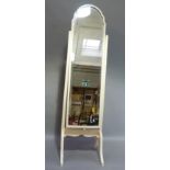 A white painted wooden cheval mirror in Queen Anne style with arched plate on square uprights and