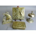 A WWI Princess Mary brass Christmas box 1914, together with a counter bell, a letter rack in the