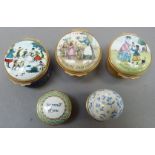 Five enamel trinket and pill boxes by Halcyon Days and others