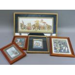 A group of Indian watercolours on silk and on panels and a colour print, variously depicting a