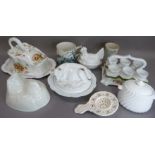 Various 20th century china including a cheese dish and cover, egg cruet, two chickens on baskets and