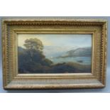 Lake and mountain landscape with figures in a boat, oil on board, monogram P.W.05?? to the lower