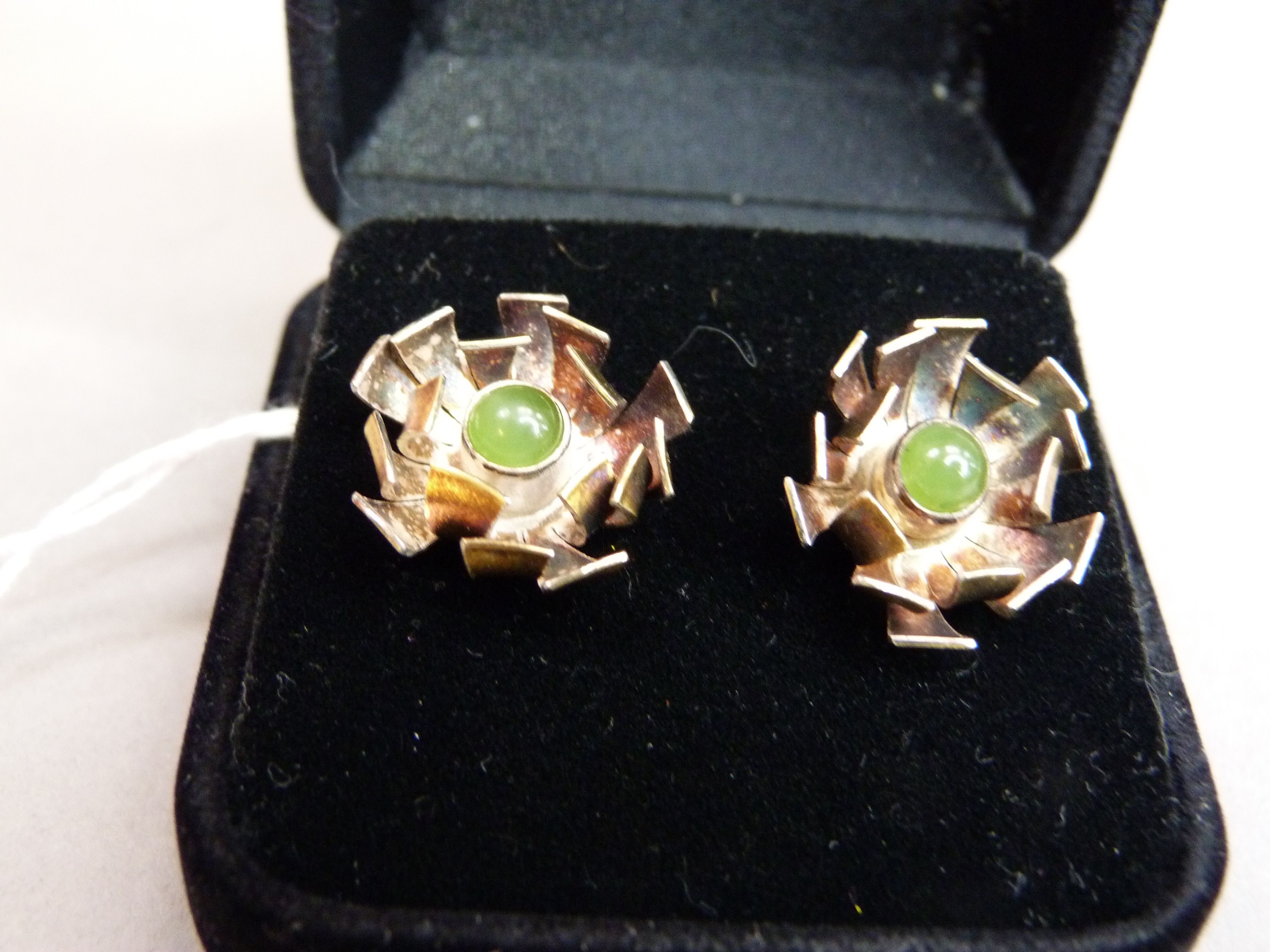 A pair of chrysoprase set ear studs in abstract foliate silver gilt, approx diameter 17mm; - Image 3 of 3