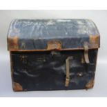 A 19th century black canvas and tan leather trimmed trunk, marked 'H' to side panel, the cover