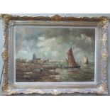 L Braca, a fishing village with fishing boats and figures, oil on board, signed and date 89 to lower