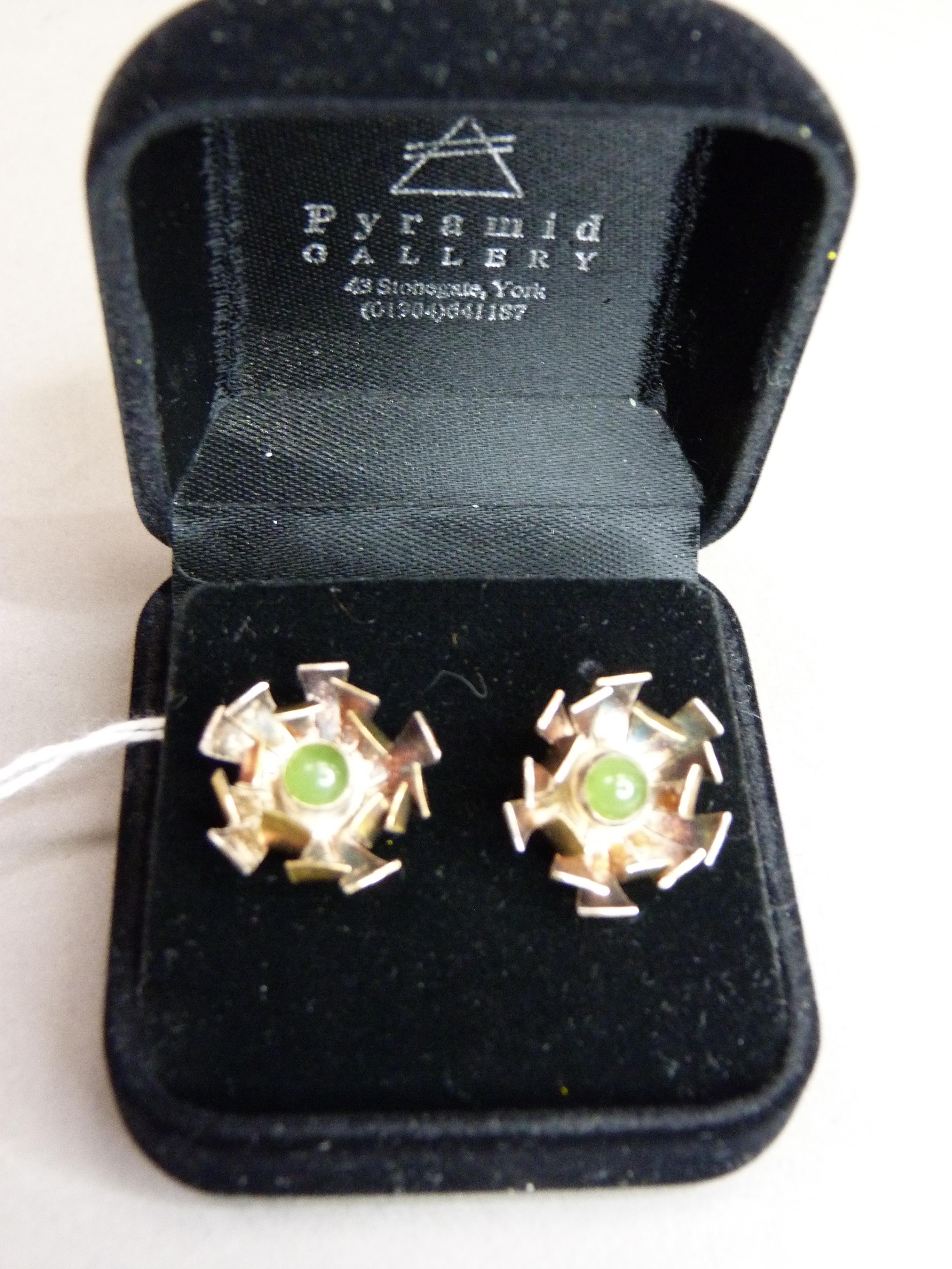 A pair of chrysoprase set ear studs in abstract foliate silver gilt, approx diameter 17mm; - Image 2 of 3