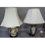 Two chinoiserie pottery table lamps, 35cm to the fitting and 37cm both with shades