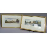 J. Eatock, river with bridge and riverside abbey, a pair, signed to left and to right, 12cm x 33.5cm