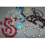 Costume jewellery including dyed agate and Chinese freshwater pearl necklace, garnet necklace,