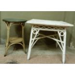 A white painted square wicker table together with a circular topped table, glass inset within a