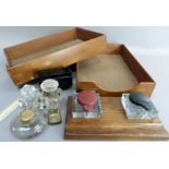 Two office filing trays together with various vintage inkwells, a desk stand, fitted with inkwells