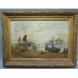 Late 19th century school fishing village with boats at low tide and fisher folk, oil on canvas,
