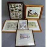 A framed set of shipping knots together with prints and watercolours