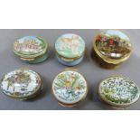 Five enamelled trinket boxes by Bilston & Battersea and Halcyon Days together with a china box