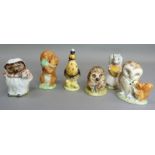 Six Beatrix Potter characters by Beswick, Mrs Tiggy Winkle, Old Mr Prickle Pin, Sally Henny Penny,