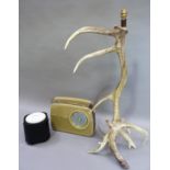 An antler table lamp, 80cm high, together with a vintage Bush radio and a Sparklets ice pail