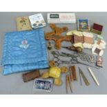 A quantity of Clarks mending yarn, sewing accessories including scissors, button hooks etc (