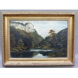 Willis Pryce, river valley with figure on a bridge beneath towering bridge, oil on canvas, signed to