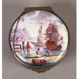 A FRANCH ENAMEL BOX, early 19th century, circular, the cover painted with a harbour scene and