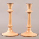 A PAIR OF LINLEY BEECH CANDLESTICKS, having polished steel sconces, knopped column on circular