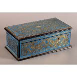 A 19TH CENTURY FRENCH BRASS INLAID BLUE ' BOULLE' DECORATED RECTANGULAR BOX with ebonised borders