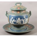 A VILLEROY & BOCH METTLACH TUREEN COVER AND STAND in Arts & Crafts style, the two handled body