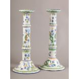A PAIR OF GERMAN 'MOSANIC' FAIENCE CANDLESTICKS of slightly tapered cylindrical form, with dished