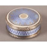 A 19TH CENTURY FRENCH SILVER AND LILAC GUILLOCHE ENAMEL BOX, circular, entwined leaf border in