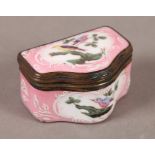 A 19TH CENTURY FRENCH PINK ENAMEL BOX painted to the cover and sides with birds, the pink ground