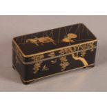A GOOD JAPANESE KOMAI BOX, rectangular, inlaid in iron, gold and copper, the hinged lid with