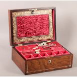 A VICTORIAN ROSEWOOD AND MOTHER-OF-PEARL INLAID WORK BOX, rectangular, the interior lined in scarlet